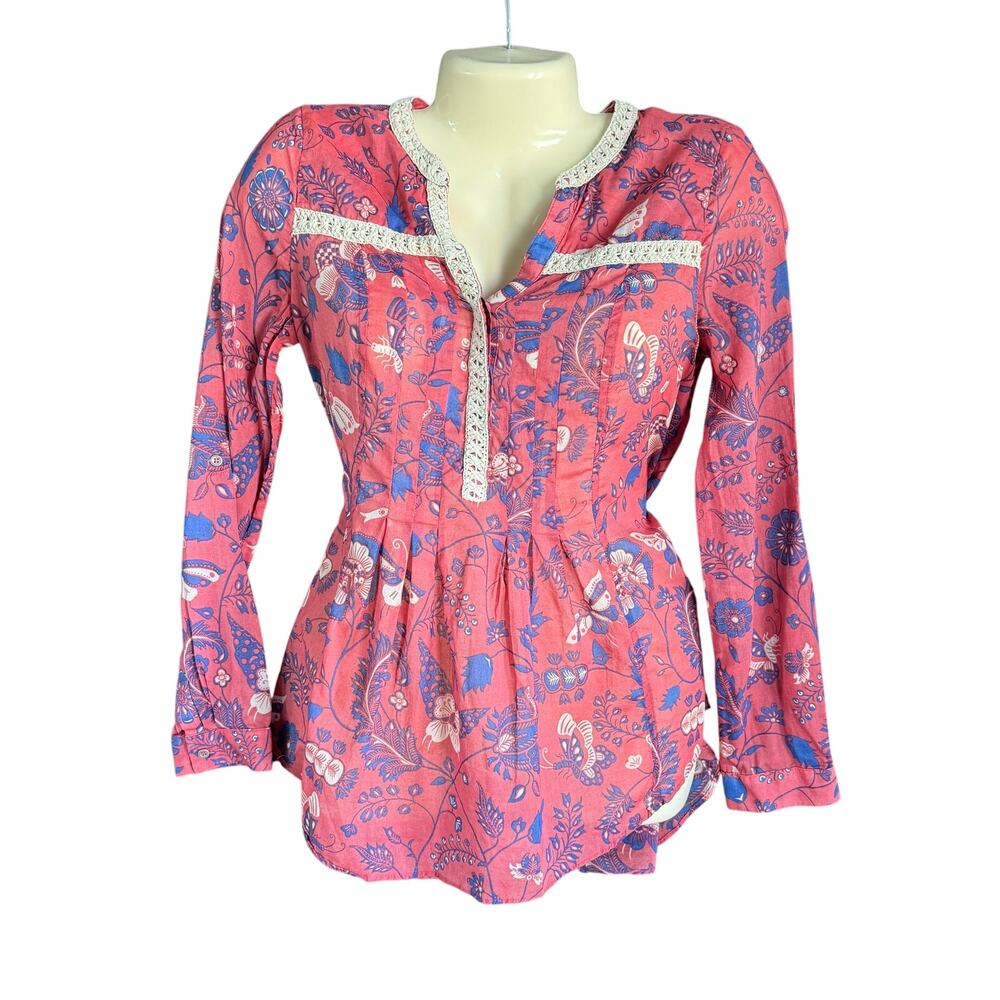 Maeve Size 0 Coral Floral Long Sleeve Mini Dress Cotton Boho